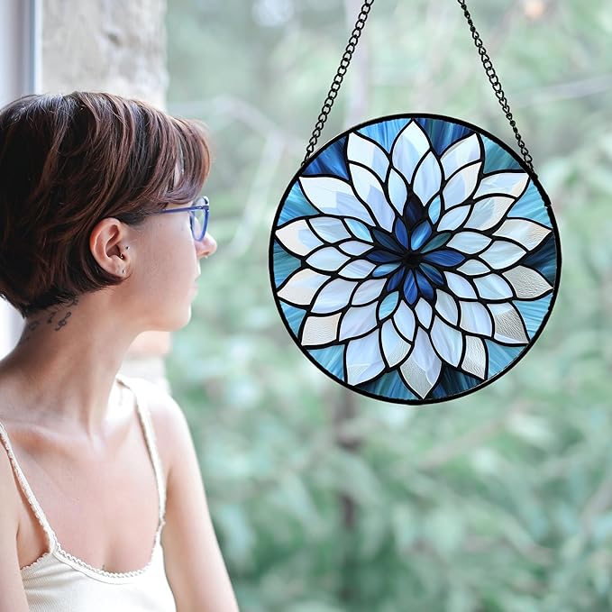 AMDERVEN Stained Glass Suncatcher, Blue White Multi-Petal Flowers Sun Catcher Landscape Stain Glass Window Hanging Decoration Mother's Day Birthday Gifts for Women Men Mom Nana 11.8 in