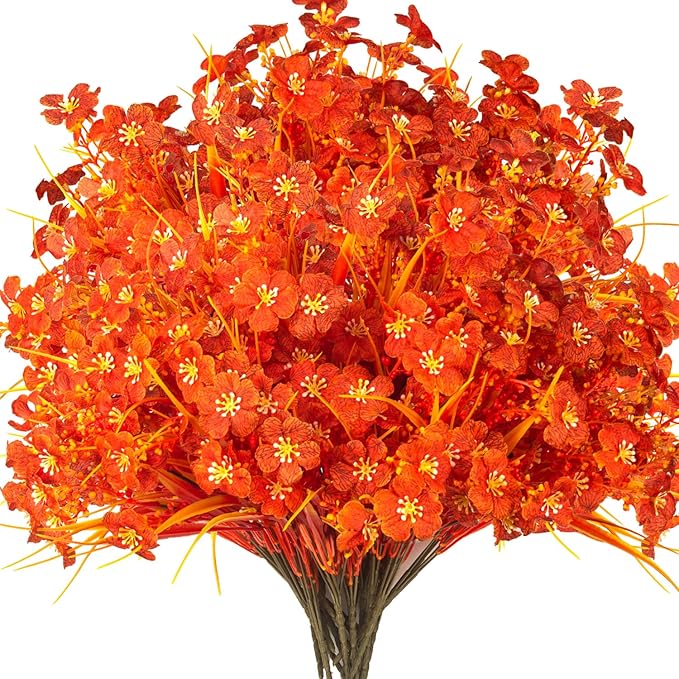 Grunyia 20 Bundles Artificial Fall Flowers Outdoor,No Fade Fake Plastic Flowers,Faux Autumn Plants for Indoor Outside Garden Porch Window Box Home Wedding (Fall Orange)