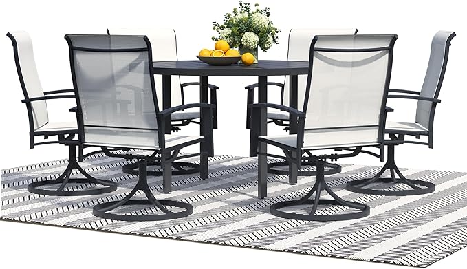 7 Pieces Outdoor Table and Chairs for 6, 47" Black Round Table with 6 Oyster Beige Swivel Chairs, Patio Set with Swivel Chair, Garden Tables for Outdoor, Patio Dining Set for Lawn Backyard Poolside