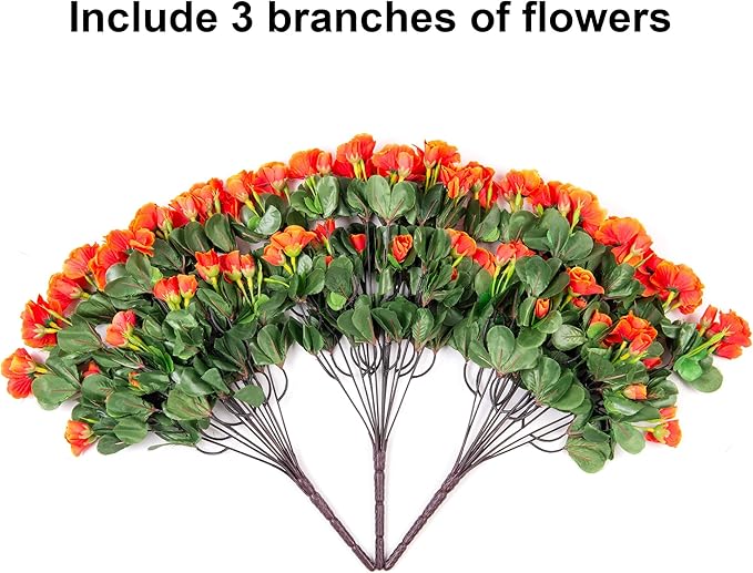 Artificial Faux Flowers Plants for Spring Outdoor Outside Decor, Fake Silk Orange Camellia UV Resistant Look Real for Autumn Planter Porch Patio Balcony Garden Yard Decoration, 3 Large Bundles