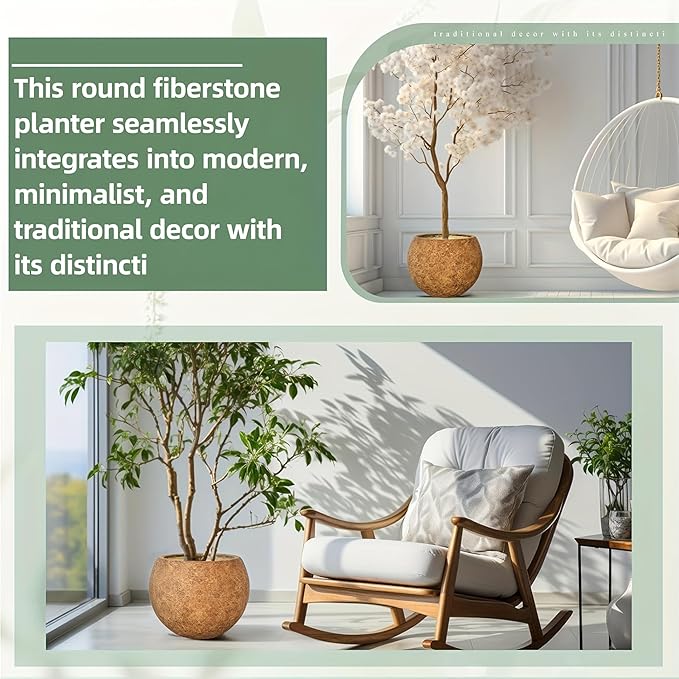 Panlaolao 13.5 H x 17" Dia (12" Pot Opening) Round Fiberstone Planter with Drainage Hole, White, Indoor/Outdoor Large Plant Pot for Home Patio Garden, Ideal for Plants (Camel, Medium)