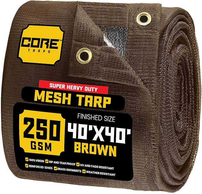 Core Tarps 60% Brown Shade Cloth with Grommets - 40 X 40 FT Heavy Duty Mesh Tarp - Sun Shade Cloth for Garden Vegetables Plants Greenhouse Outdoors Backyard Fences Dump Trucks Patio Mesh Shade Tarp