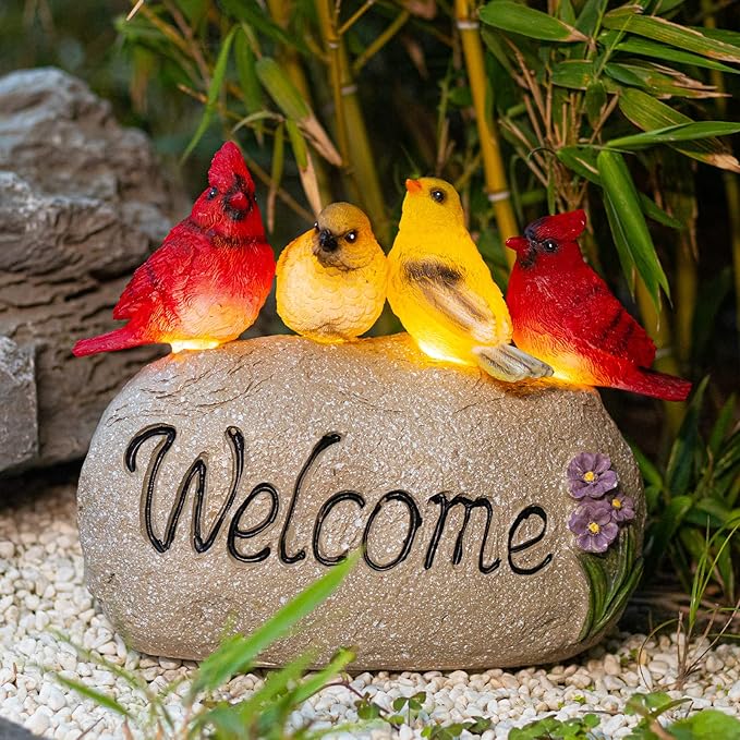 Ovewios Solar Garden Statues Outdoor Decor, Welcome Sign Garden Sculptures Statue Novelty Birds Figurine Decoration for Patio Yard Porch Art Home Decor