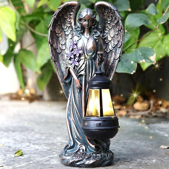 VChymm Solar Angel Outdoor Garden Decor Statues – 13.2 inches Solar Outdoor Sculptures for Outside Yard Art Patio Balcony Front Lawn Ornaments Gifts for Mom Grandma Women（Bronze）