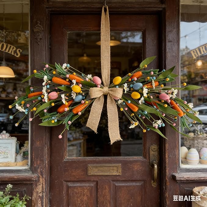 22'' Easter Swag Wreath with Carrots and Easter Eggs for Front Door Artificial Spring Floral Teardrop Swag with White Daisy Flower for Farmhouse Kitchen Cabinet Porch Wall Window Cabinets Wedding Arch