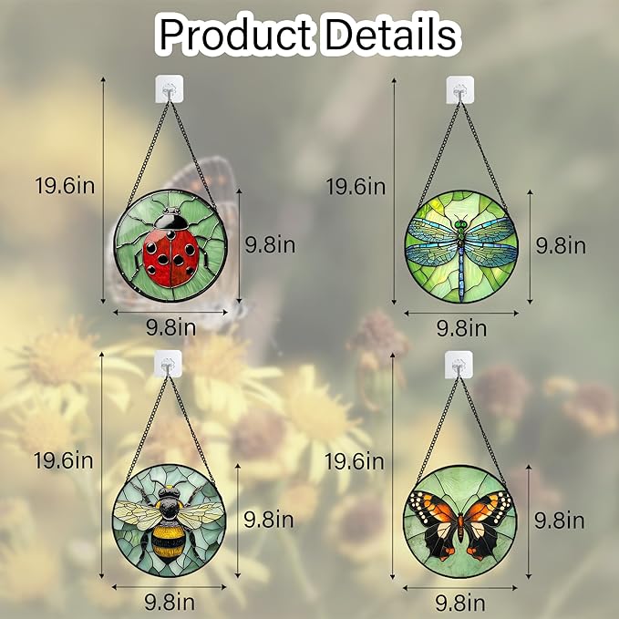 AMDERVEN Stained Glass Window Hanging 4 Pcs Set Butterfly Dragonfly Bee Ladybug 9.8" - Suncatcher Door Garden Sun Catcher Decor Birthday Mother's Day for Mom Woman Nana Men