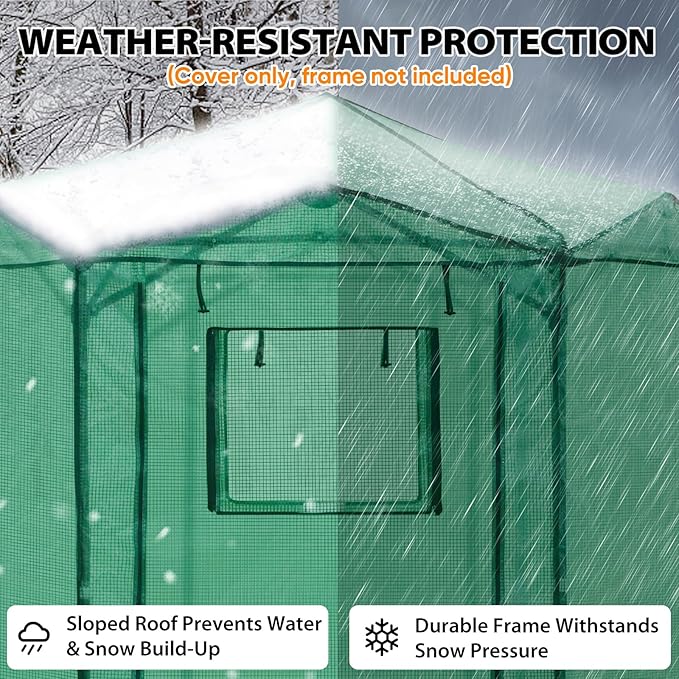 EAGLE PEAK Replacement Cover for 6.6x6.6 ft Hexagon Pop up Greenhouse, Front and Rear Roll-Up Zipper Entry Doors and 2 Roll-Up Side Windows (Frame Not Included), Green