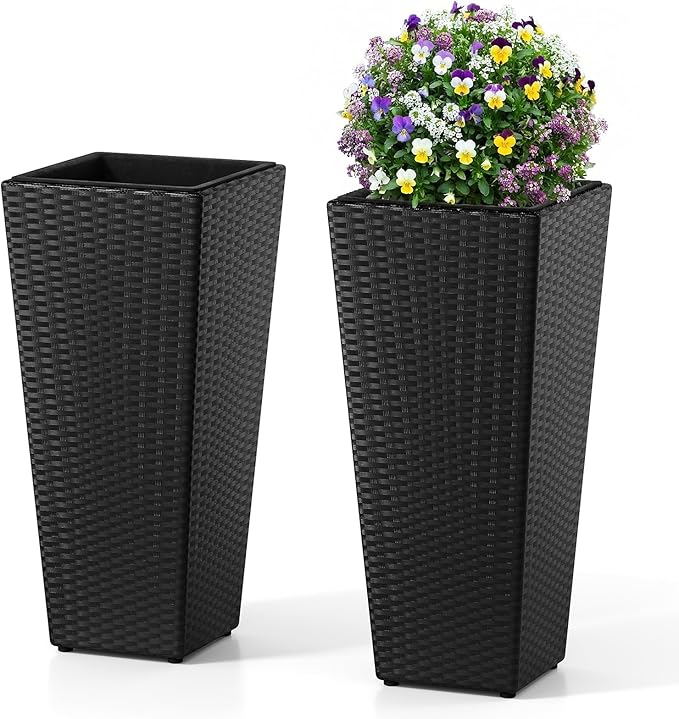 HAPPYGRILL 24" Tall Rattan Plant Pots Set of 2, Outdoor Taper Planter w/Detachable Inner Flower Pots, Metal Frame & Adjustable Foot Pads, Decorative Wicker Planter Boxes for Porch Patio Backyard