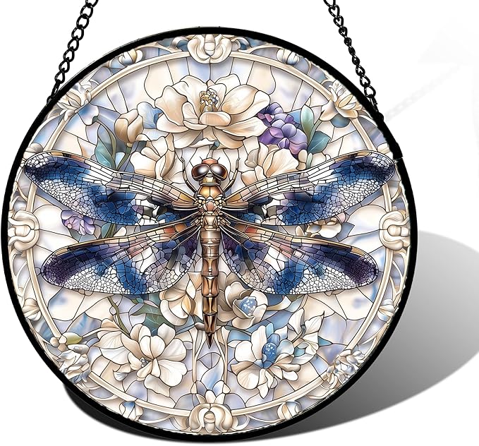Stained Glass Window Hanging, Dragonfly Flower Suncatcher for Doors Home Sun Catchers Decoration and Christmas, Mother's Day Birthday Gifts for Women, Men, and Mom 6.3 in