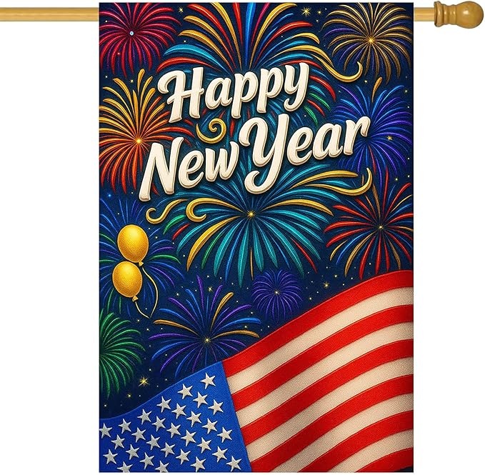 Happy New Year House Flag 28x40 Inch Double Sided Garden Flag American Flag and Fireworks Design Winter Holiday Yard Banner Large Outdoor Polyester Flag for Porch Lawn Home Decoration
