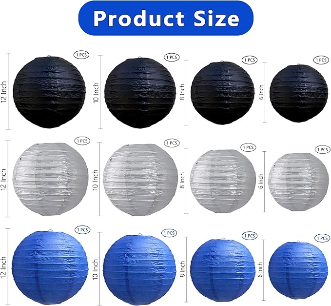BEISHIDA Blue Black Silver Round Paper Lanterns Decorative Hanging Asia Chinese Japanese Paper Lanterns Lamp for Birthday Graduation Baby Shower Wedding Home Decor Outdoor Party Decoration(12Packs)