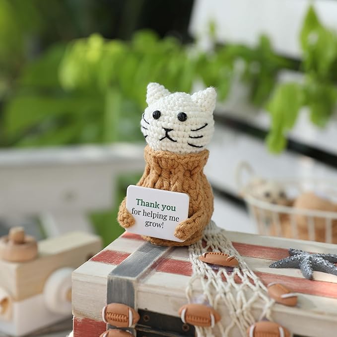 YOOJEE Positive Crochet Cat Valentines Day Gift “Thank You for Helping Me Grow!” Teacher Appreciation Birthday Gifts for Women Daughter Sister Friend Coworkers Mentor/Tutor/Coach Cat Lovers