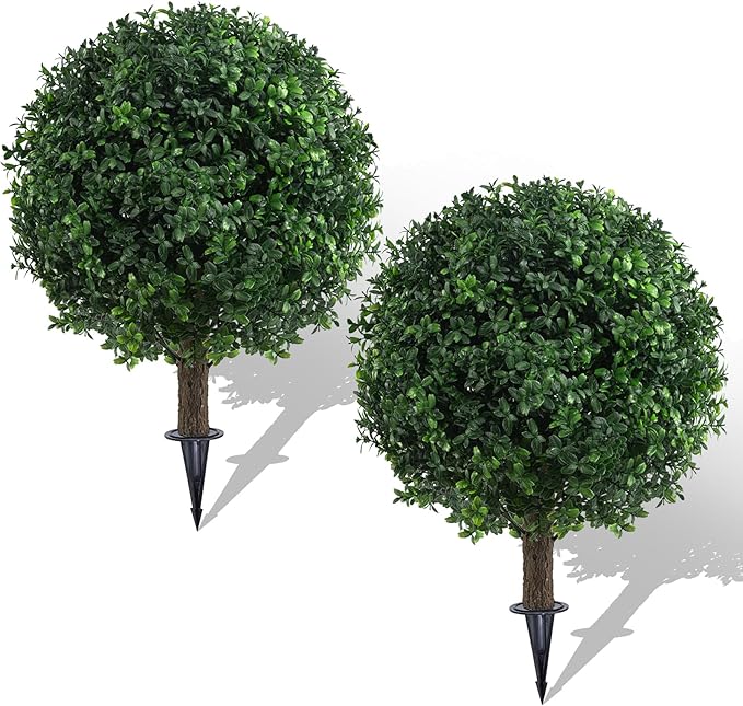 AOKIIE Set of 2 Artificial Boxwood Topiary Ball Trees for Outdoor with Ground Spike 22", UV Resistant Faux Greenery Shrubs, Fake Boxwood Plants for Indoor, Garden, Yard, Porch, Patio Decor