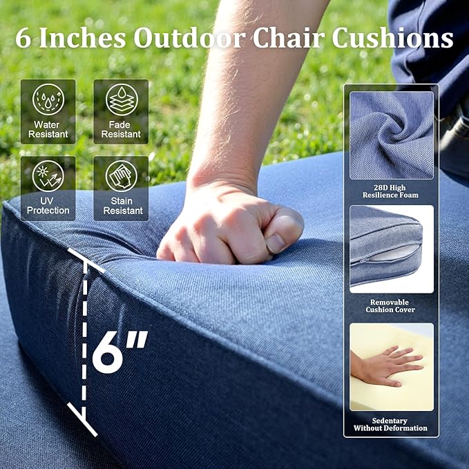 Luxury Outdoor Swivel Rocker Patio Chairs Set of 3, High Back Swivel Patio Chairs with Side Table & 6-Inch Thick Cushions, Wicker Outdoor Bistro Set for Porch, Yard, Deck, Poolside, Grey/Blue