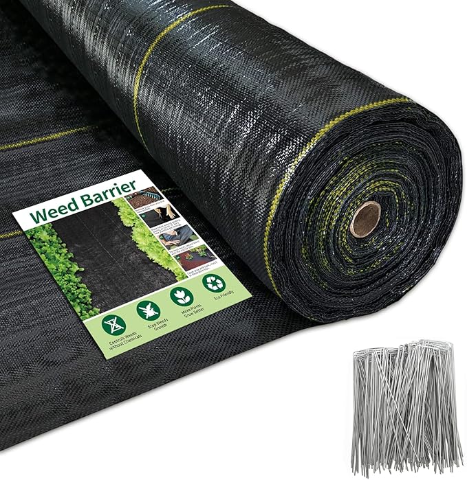 5ft x 100ft Durable Weed Barrier Fabric, 3oz Heavy-Duty Landscaping Fabric, Permeable Ground Cover for Garden, Lawn, and Outdoor Projects, Easy to Install, with 30 Staples
