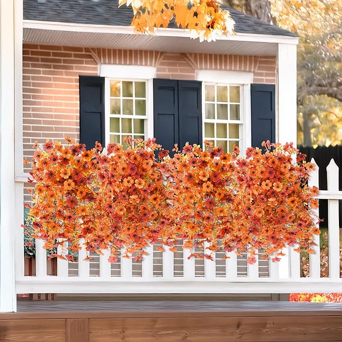 ZFProcess Artificial Fall Flowers for Outdoors, 2PCS Silk Fake Flowers Realistic Daisy Mums UV Resistant Porch Patio Window Yard Decor (Fall Orange)