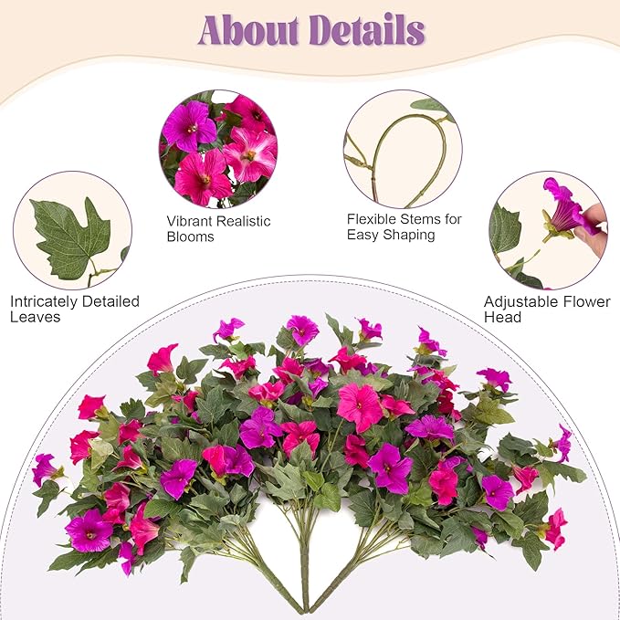 Artificial Petunia Flowers with Hanging Basket for Outdoors, 3 Pcs Fake Hanging Flowers UV Resistant Faux Silk Plants in Basket for Garden Porch Yard Patio Realistic Home Spring Decor(Purple Fuchsia)