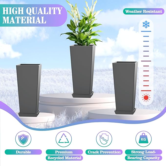 TUYOHW 24 Inch Tall Tapered Square Planters (Set of 2) - Indoor Outdoor Large Flower Pots with Built-in Drainage & Matching Water Tray for Patio, Garden, Home - Gray