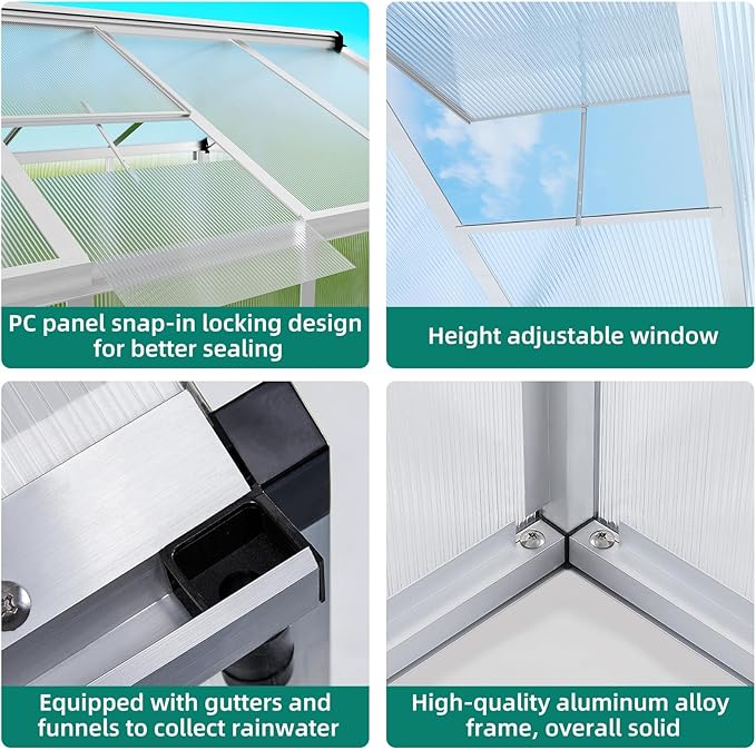 6x8 ft Greenhouse, Aluminum Frame & Polycarbonate Panel Greenhouse for Outdoors, Green House with Adjustable Roof Vent & Lockable Door, Durable Walk-in Green Houses for Backyard, Patio, Lawn