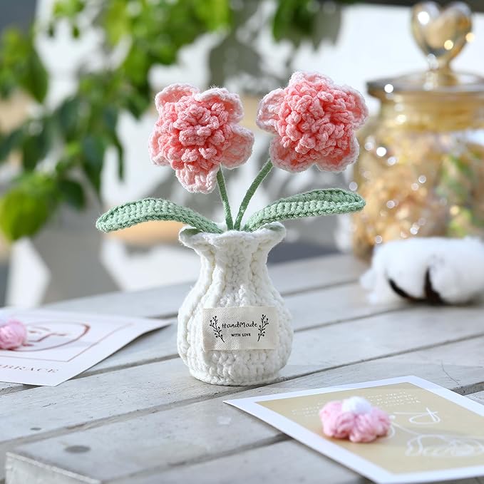 YOOJEE Crochet Paris Polyphylla Flower Pot Handmade Knitted Desk Decor Pink Potted Plant for Home Office