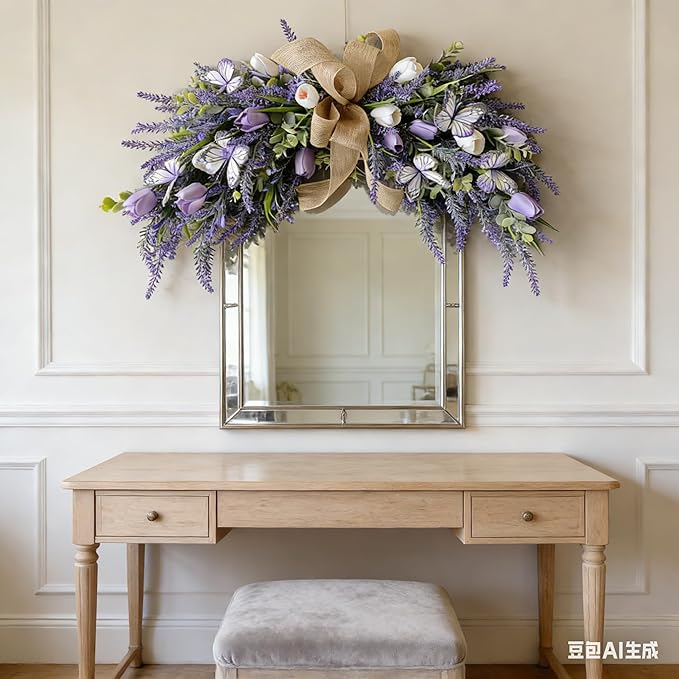 Valentine's Day Artificial Heart Shaped Teardrop Swag Wreaths Spring Summer Fake Flower Wreath for Gifts Festival Front Door Window Wall Decor (1, Purple Tulips)