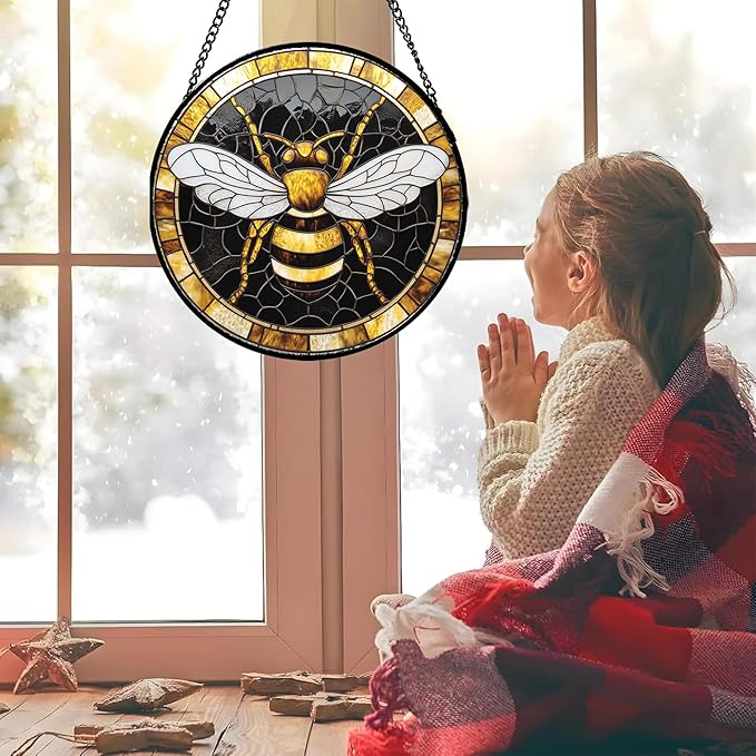 AMDERVEN Stained Glass Window Hanging - Black Gold Bee White Wings Sun Catcher for Door Home Decor Insect Suncatcher Christmas Mother's Day Birthday Gifts for Women Men Lovers Mom Nana 6.3 in