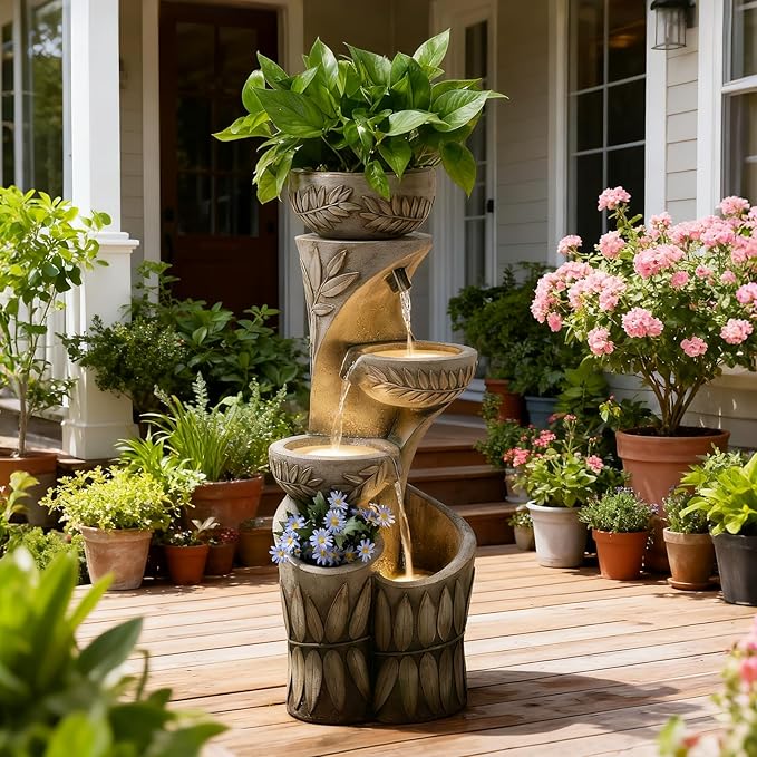 35.6" H Outdoor Water Fountain - Relief Leaf Design 4 Tiers Modern Cascading Bowls and Garden Fountains with Lights for Patio, Deck, Porch, Lawns, Backyard and Home Art Decor