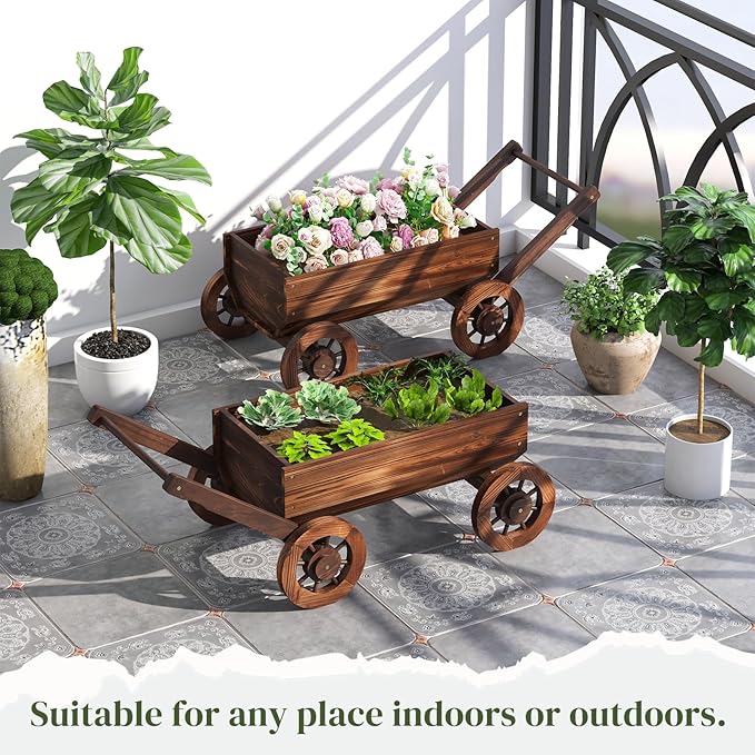Wooden Wagon Garden Planter Cart with Wheels Rustic Flower Pot – Indoor Outdoor Patio Backyard Balcony Decor for Succulents, Flowers and Plants（Carbonized-L
