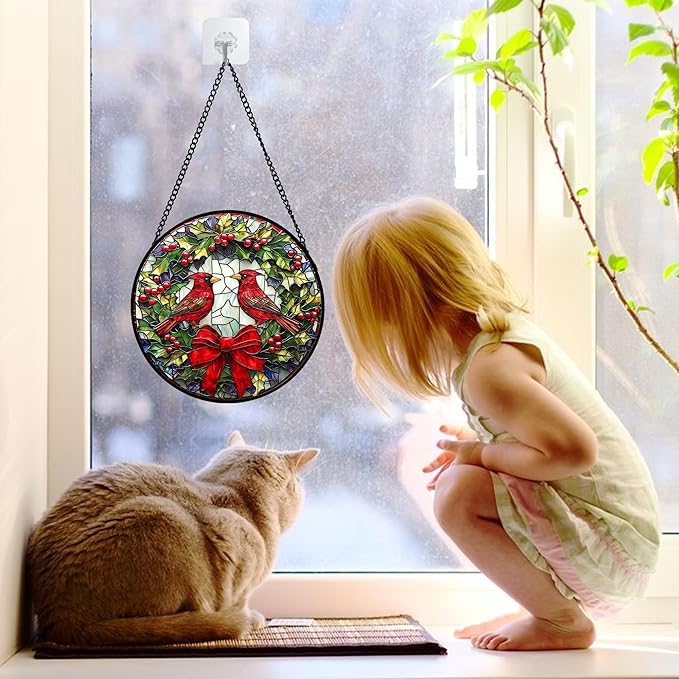 DASTOLL Stained Glass Window Hanging - Cardinals Green Wreath Suncatcher for Doors Home Christmas Decoration Red Bird Sun Catcher Thanksgiving New Year Birthday Gift for Women Men Mom Nana 6.3 in