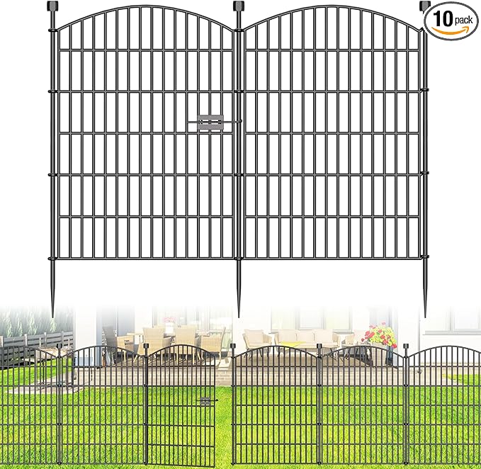 10 Panels No Dig Decorative Garden Fence with Gate - 40 in (H) x 23.6 ft (L), Dog Fence Outdoor for Yard, Rustproof Metal Animal Barrier Ground Stakes Fencing for Garden, Patio, Flower Bed