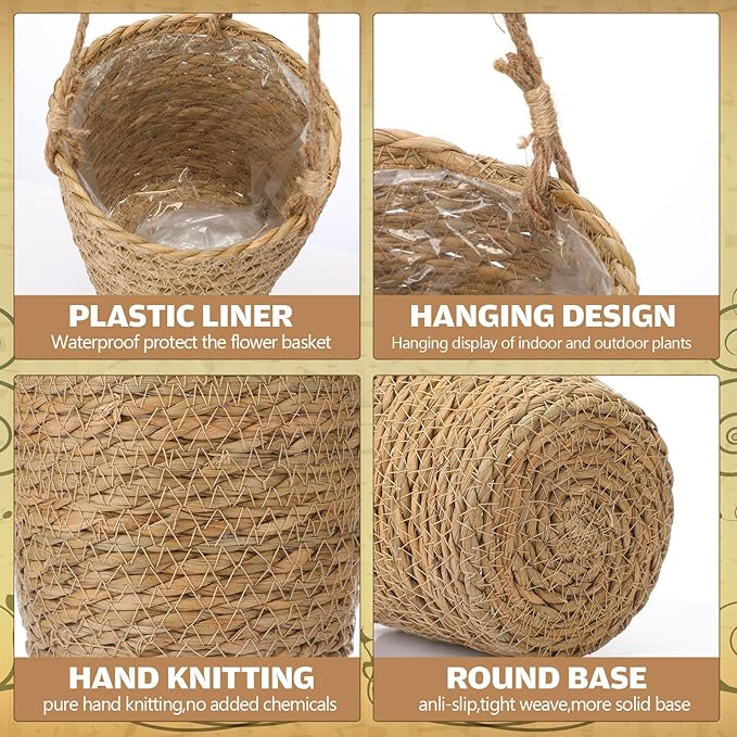 6 Pcs Seagrass Hanging Planter Basket Hand Woven Plant Basket with Plastic Liners Hanging Plant Holder Storage Containers with Cotton Rope for Indoor Outdoor Garden Home Decor (Brown)