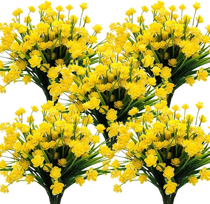 Grunyia Artificial Flowers Outdoor UV Resistant Fake Plants Indoor Outside Hanging Planter Home Garden Decor, 10 Bundles (Yellow)