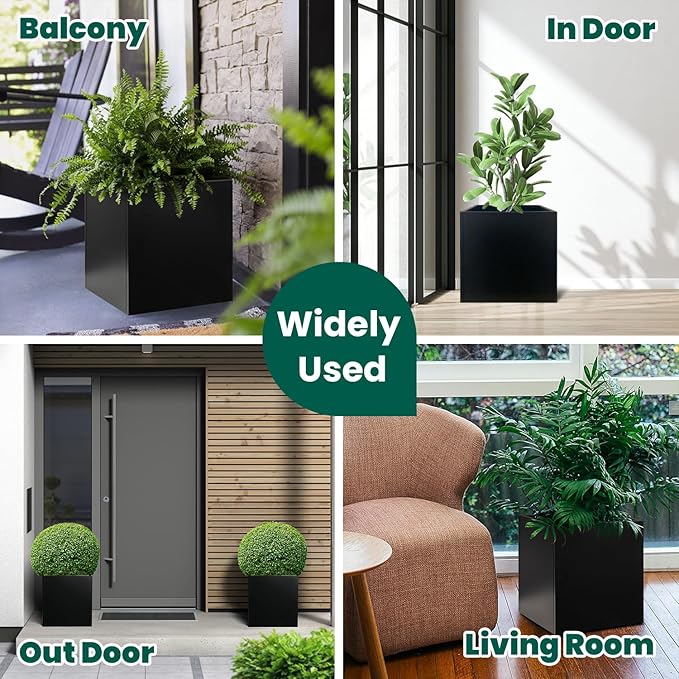 GZGNEEVL Galvanized Steel Planter Box Black Metal Planter Square Indoor Outdoor Planters Cube Steel Heavy Duty 16Inch Powder Coating Modern Commercial Residential for Patio, Yard, Garden