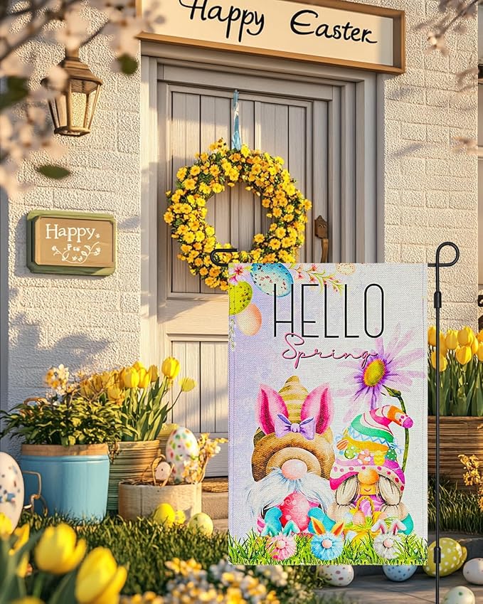 Easter Gnomes Garden Flag 12×18 Inch Double Sided for Outside Hello Spring Small Vertical Burlap Yard Flags Outdoor Lawn Porch Decoration