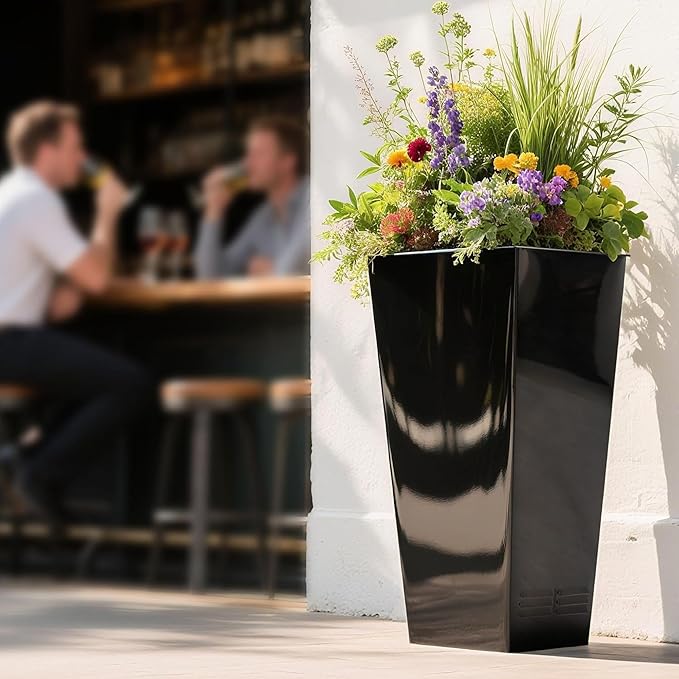 Worth 2 Pack 28" Tall Large Metal Planter, Tapered Steel Flower Pots with Insert Plate with Drain Holes & Air Vents for Indoor or Outdoor Use, Black