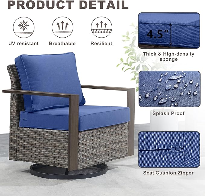 Rilyson Outdoor Wicker Patio Furniture Set - 6 Piece Patio Conversation Set with 2 Wicker Swivel Rocker Chairs,2 Rattan Ottoman,1 Side Table and 1 Couch,Thick Cushions,Deep Seating(Mixed Grey/Blue)