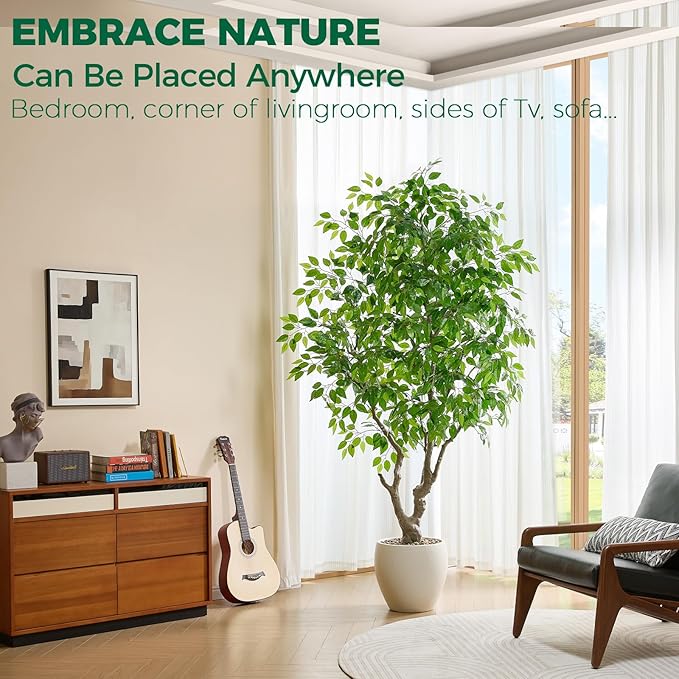 8 FT Large Luxury Artificial Ficus Tree, Tall Faux Banyan Tree with Planter, Extra Lush Stereoscopic Shape, 5 Minutes Easy Set-up, Realistic Tree Trunk & Lifelike Leaves, Home Office Décor