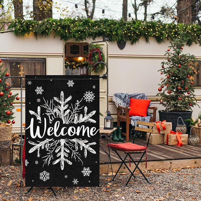 Heyfibro Christmas Garden Flag Welcome Winter Garden Flags 12x18 Inch Double Sided Burlap Snowflake Yard Flag for Winter Holiday Xmas Yard Outdoor Decoration(ONLY FLAG)