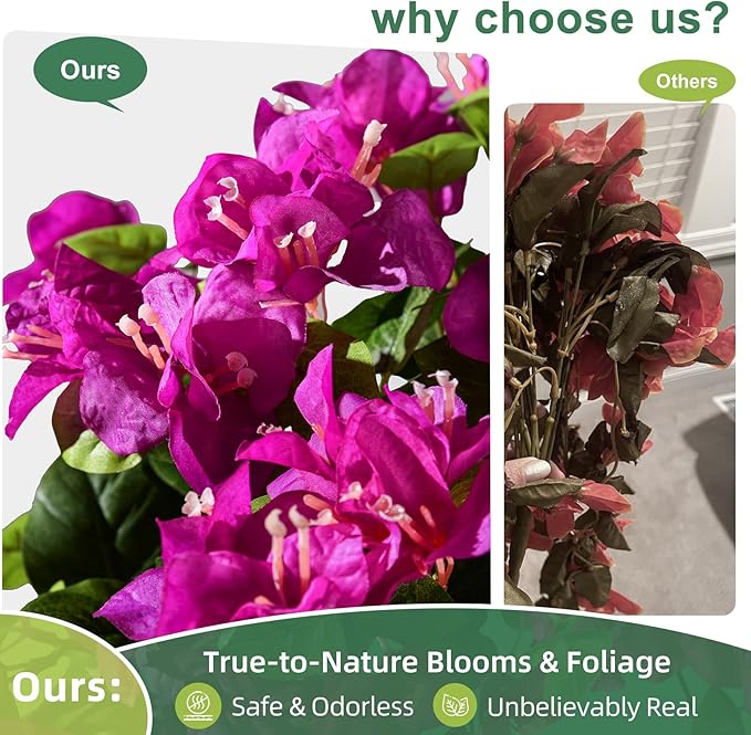Bougainvillea Artificial Hanging Flowers for Outdoor 3 Pcs Faux Bougainvillea Flowers Fake Hanging Plants Silk Flowers Long Trailing Vines for Front Door Porch Planter Patio Balcony (Dark Purple)