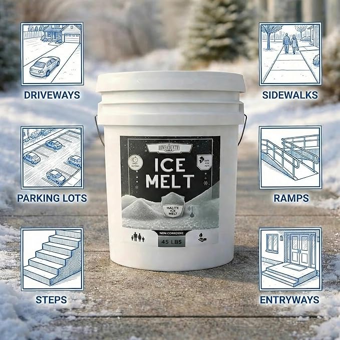 Halite Crystals Ice Melt Effective to -25°F, Eco-Friendly De-Icer, Optimal Granule Size for Quick Melting, Ideal for Driveways, Walkways, and Entryways (8, Pounds)