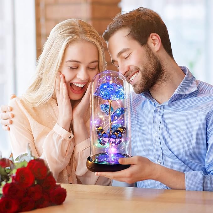 Valentines Day Rose Gifts for Her Birthday Gift for Women, Rechargeable Galaxy Glass Rose in Glass Dome Crystal Eternal Roses Butterfly Valentine Gifts for Women Daughter Mom Wife Girlfriend Blue