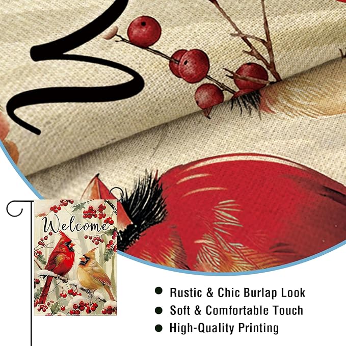 Artofy Welcome Winter Cardinal Small Decorative Garden Flag, Snowy Red Birds Holly Berry Branches Yard Lawn Outside Decor, Christmas Seasonal Burlap Outdoor Home Decoration Double Sided 12 x 18