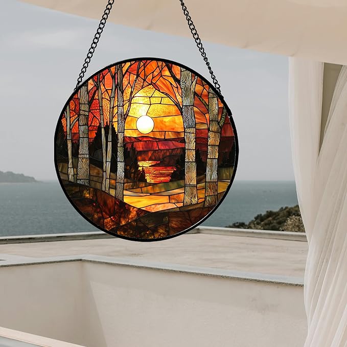 Stained Glass Window Hanging, Orange Red Landscape Forest Lake Moon Suncatcher for Doors Window Home Sun Catchers Decor Mother's Day Birthday Gifts for Women Men Mom 9.8 in