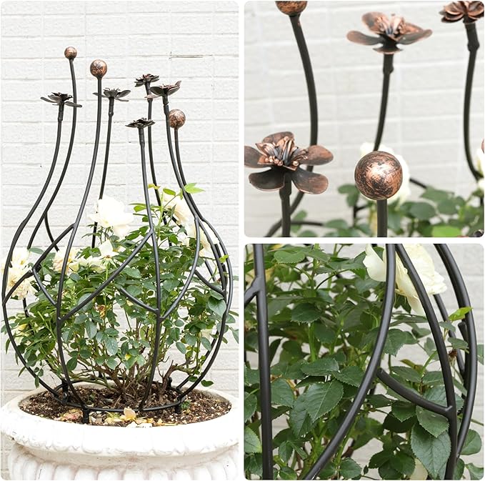 Obelisk Trellis Garden for Climbing Plants 27 Inches Metal Outdoor Support with Gold Leaf Accent Ideal for Rose Bush Bougainvillea Vines Potted Plants Elegant Home Decor