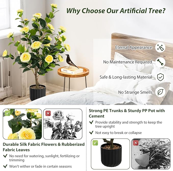Goplus 38’’ Artificial Camellia Tree, Flower Plants Artificial Tree, Faux Floral Plant Blooming Tree in Cement Pot, Greenery Potted Plant for Indoor Outdoor Office Home Porch Decor