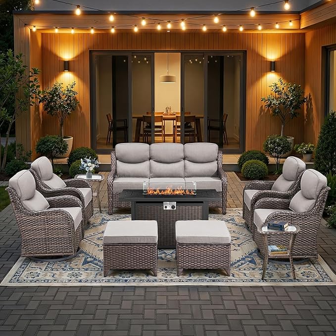 HUMMUH 10 Pieces Outdoor Furniture Set with Fire Pit 6-inch Cushions High Back Patio Furniture Set Wicker Swivel Rocker Chairs Sofa for Porch,Deck,Backyard