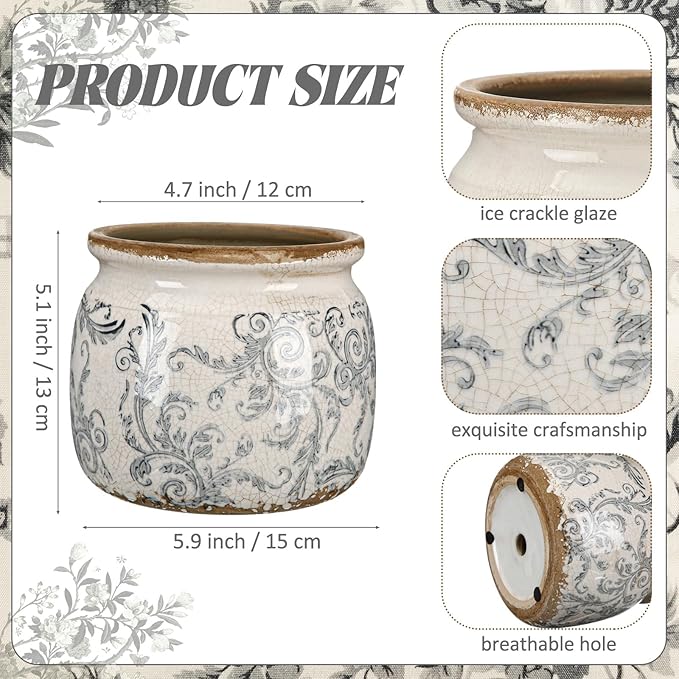 Vintage Planter Large Ceramic Plants Pot Beige Green Acanthus Leaf Ice Crack Cottage Scroll Vase Flower Vase Pot Indoor Plants Home Kitchen Decor Farmhouse Antique Decorative Gifts