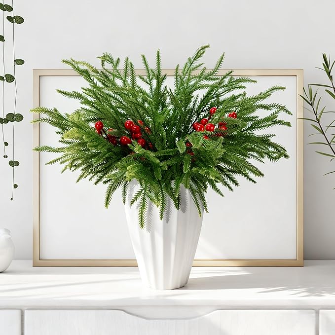 Watayo 45 Pcs Christmas Norfolk Pine Branches with Red Berry Stems, 14" Artificial Greenery Norfolk Pine Stems Sprigs, Fake Foliage Pine Needles Picks for DIY Craft Garland Home Decoration