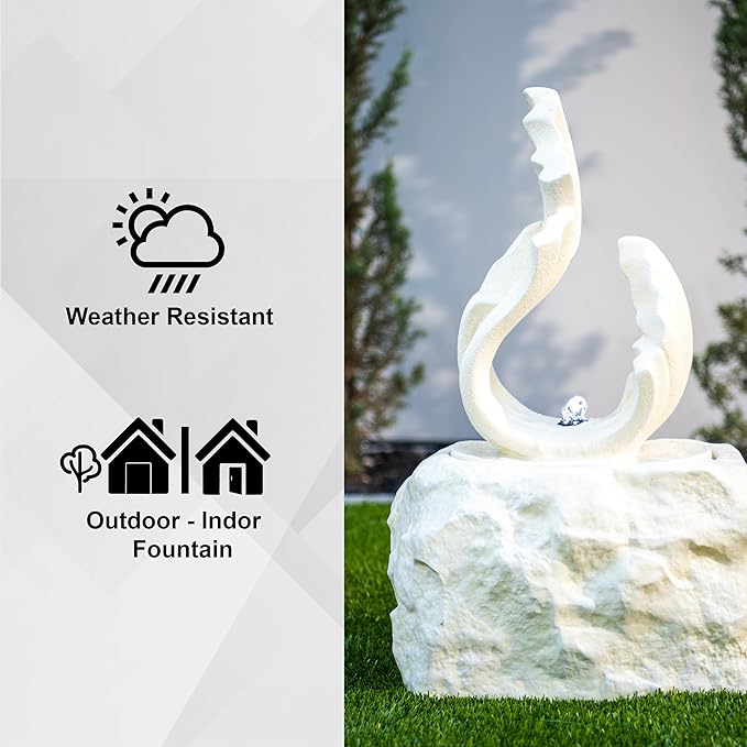 XBrand 25" H Outdoor Garden Water Fountain, Stone-Look Modern Sculptural Freestanding Fiber Resin Fountain with LED Lights for Patio, Backyard, Porch & Lawn, White