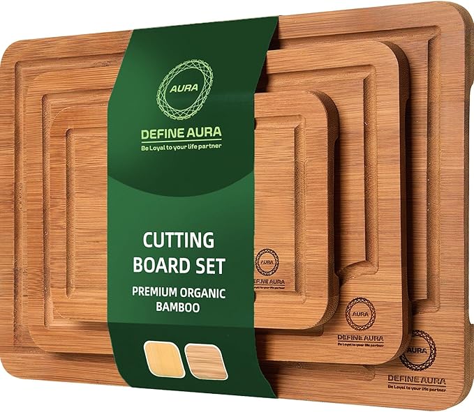 Define Aura Organic Bamboo Cutting Board Set of 3 – Wooden Kitchen Boards for Chopping, Meal Prep & Serving – Durable Charcuterie & Cheese Boards with Deep Juice Grooves and Side Handles